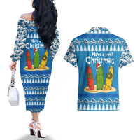 Santa Fist Christmas Couples Matching Off The Shoulder Long Sleeve Dress and Hawaiian Shirt Xmas Holiday Patterns - Wonder Print Shop