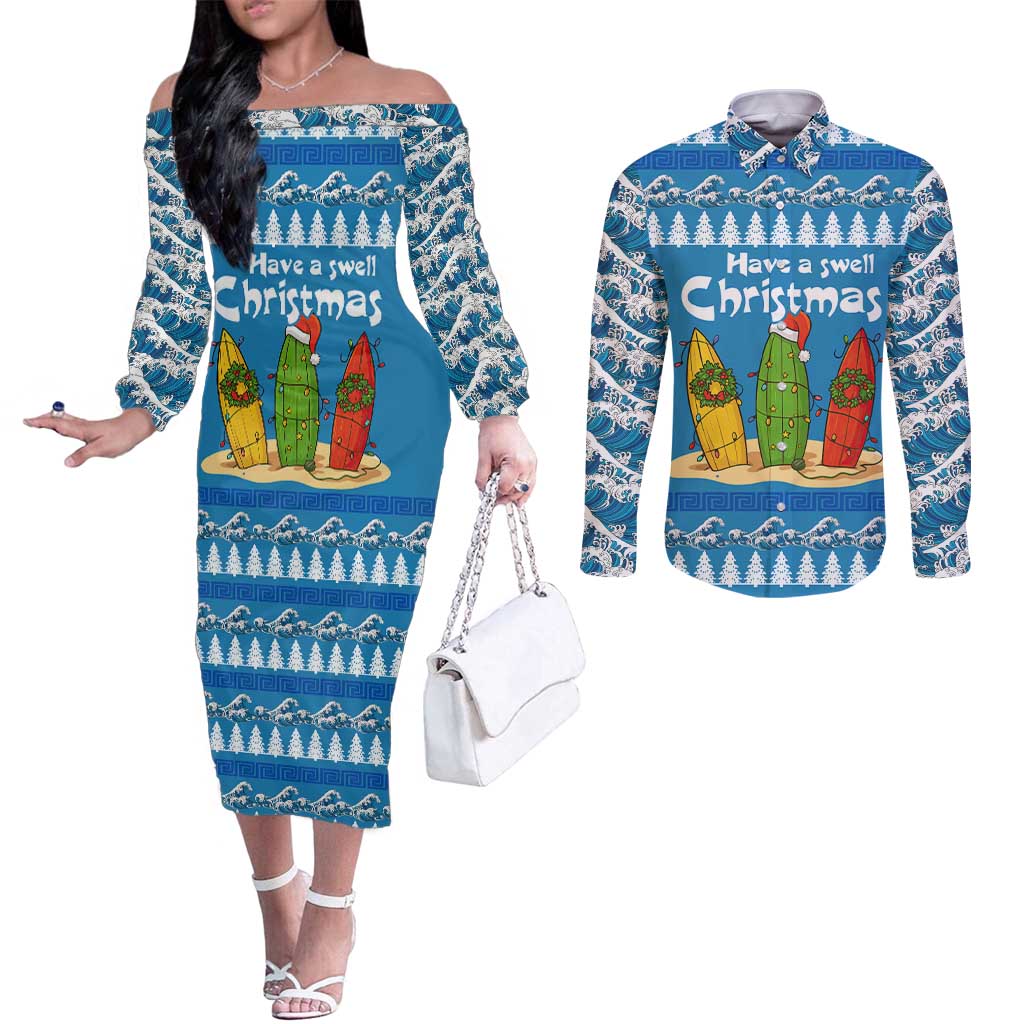 Santa Fist Christmas Couples Matching Off The Shoulder Long Sleeve Dress and Long Sleeve Button Shirt Xmas Holiday Patterns - Wonder Print Shop