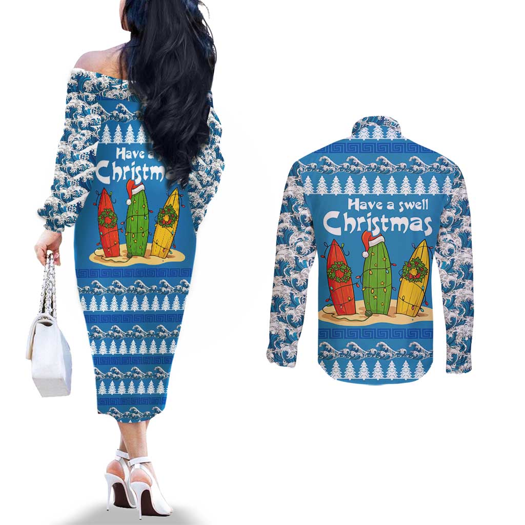 Santa Fist Christmas Couples Matching Off The Shoulder Long Sleeve Dress and Long Sleeve Button Shirt Xmas Holiday Patterns - Wonder Print Shop