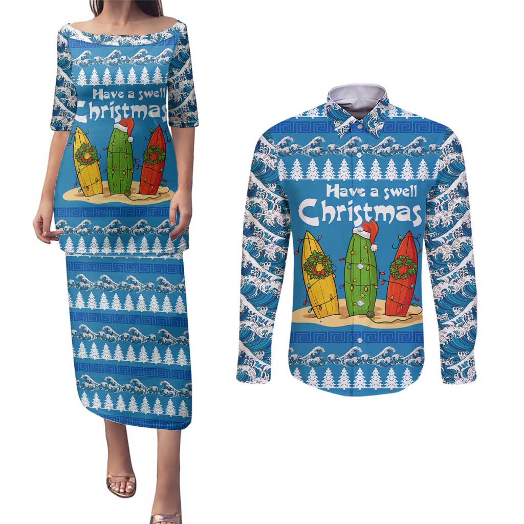 Santa Fist Christmas Couples Matching Puletasi and Long Sleeve Button Shirt Xmas Holiday Patterns - Wonder Print Shop