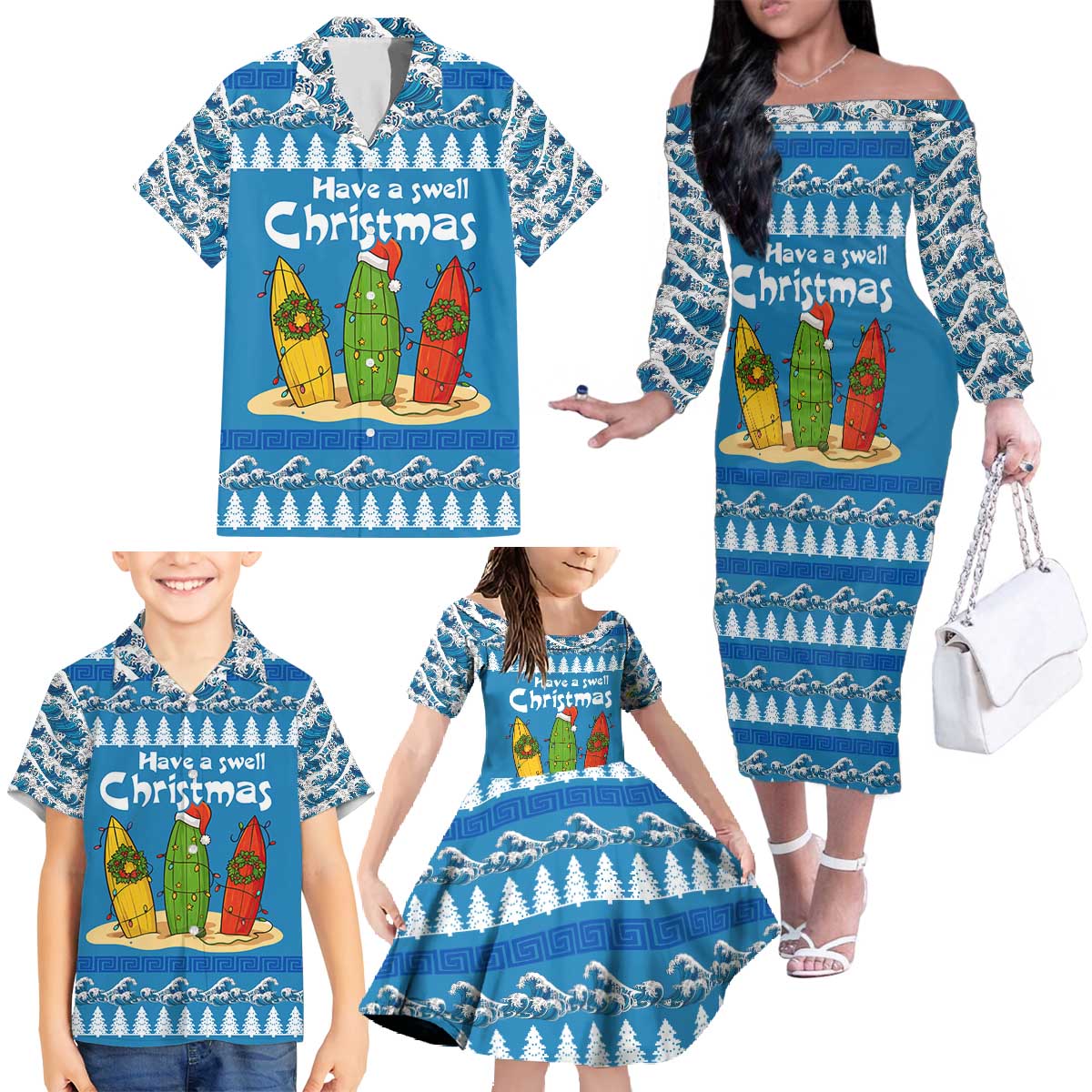 Santa Fist Christmas Family Matching Off The Shoulder Long Sleeve Dress and Hawaiian Shirt Xmas Holiday Patterns - Wonder Print Shop
