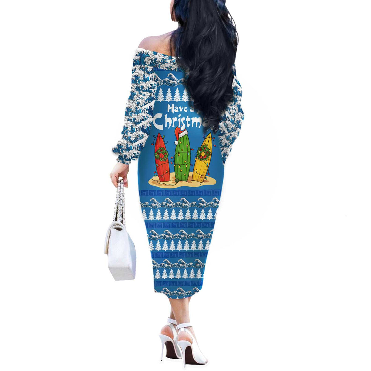 Santa Fist Christmas Off The Shoulder Long Sleeve Dress Xmas Holiday Patterns - Wonder Print Shop