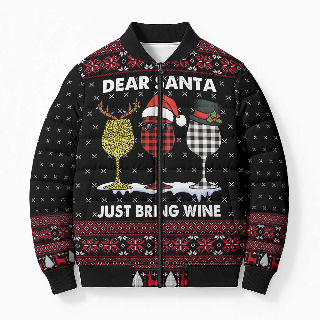 Santa Just Bring Wine Christmas Bomber Puffer Jacket Xmas Holiday Patterns - Wonder Print Shop