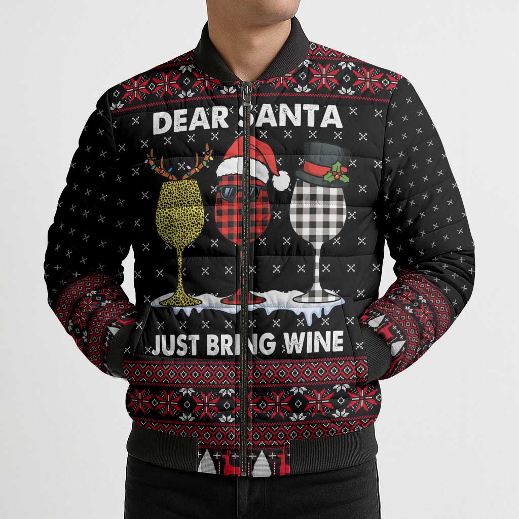 Santa Just Bring Wine Christmas Bomber Puffer Jacket Xmas Holiday Patterns - Wonder Print Shop