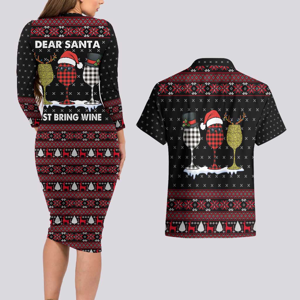 Santa Just Bring Wine Christmas Couples Matching Long Sleeve Bodycon Dress and Hawaiian Shirt Xmas Holiday Patterns - Wonder Print Shop