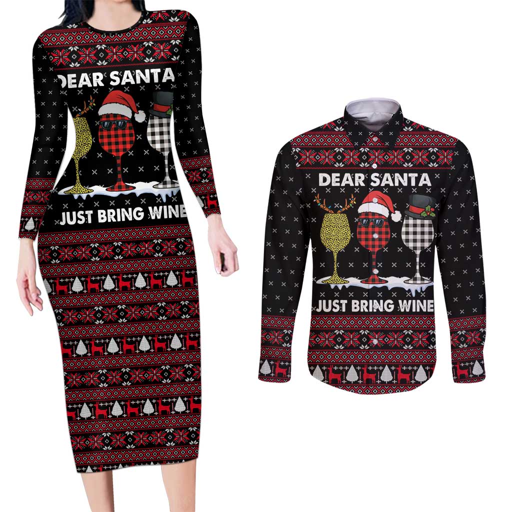 Santa Just Bring Wine Christmas Couples Matching Long Sleeve Bodycon Dress and Long Sleeve Button Shirt Xmas Holiday Patterns - Wonder Print Shop