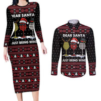 Santa Just Bring Wine Christmas Couples Matching Long Sleeve Bodycon Dress and Long Sleeve Button Shirt Xmas Holiday Patterns - Wonder Print Shop