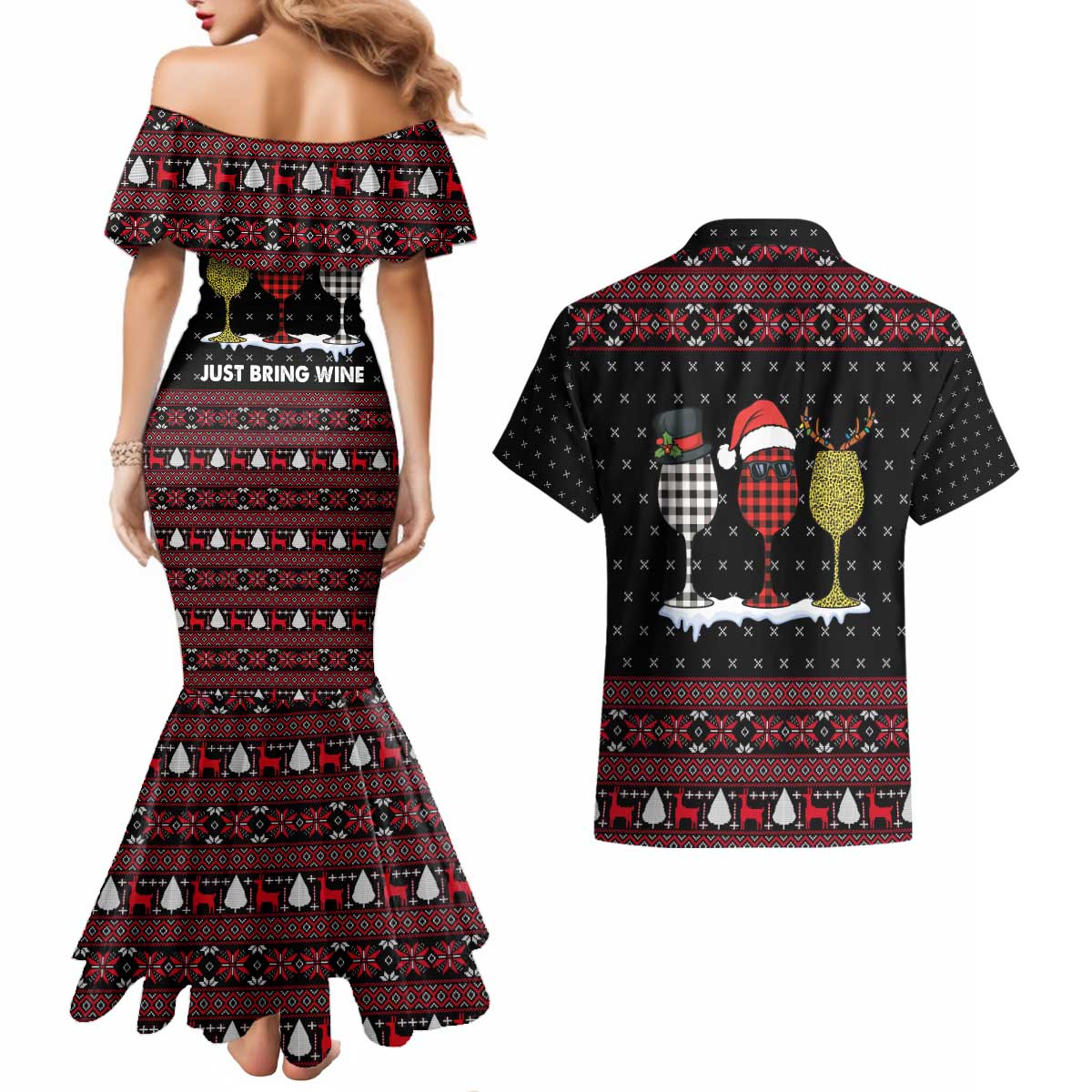 Santa Just Bring Wine Christmas Couples Matching Mermaid Dress and Hawaiian Shirt Xmas Holiday Patterns - Wonder Print Shop