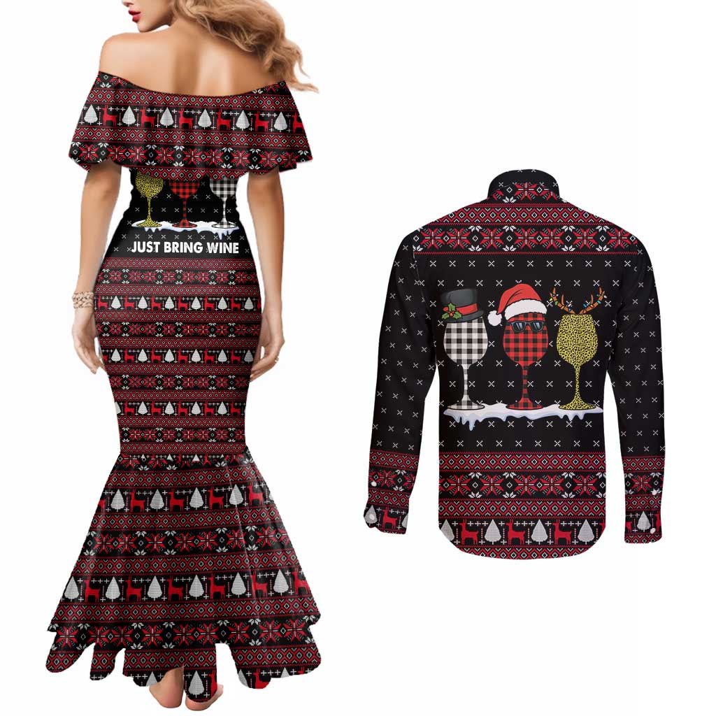 Santa Just Bring Wine Christmas Couples Matching Mermaid Dress and Long Sleeve Button Shirt Xmas Holiday Patterns - Wonder Print Shop