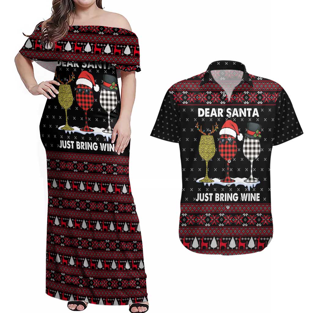 Santa Just Bring Wine Christmas Couples Matching Off Shoulder Maxi Dress and Hawaiian Shirt Xmas Holiday Patterns - Wonder Print Shop