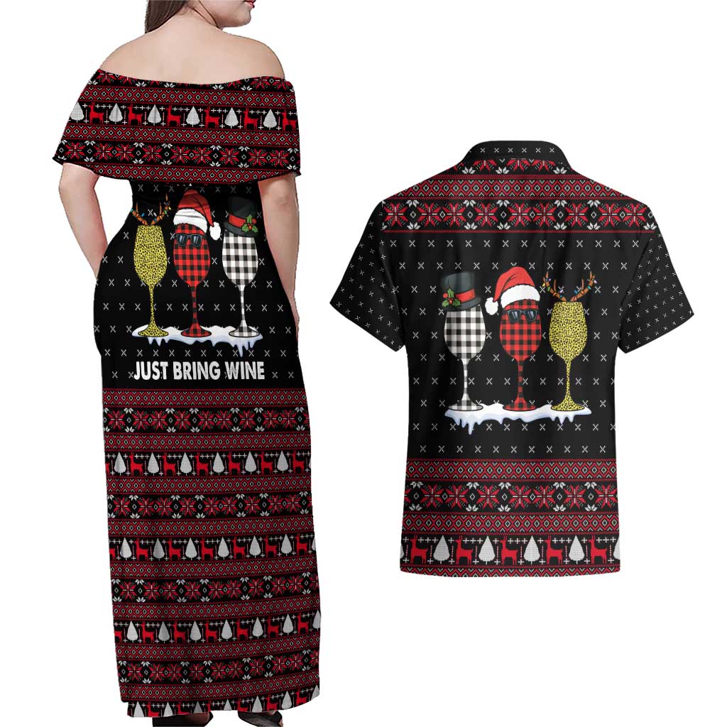 Santa Just Bring Wine Christmas Couples Matching Off Shoulder Maxi Dress and Hawaiian Shirt Xmas Holiday Patterns - Wonder Print Shop