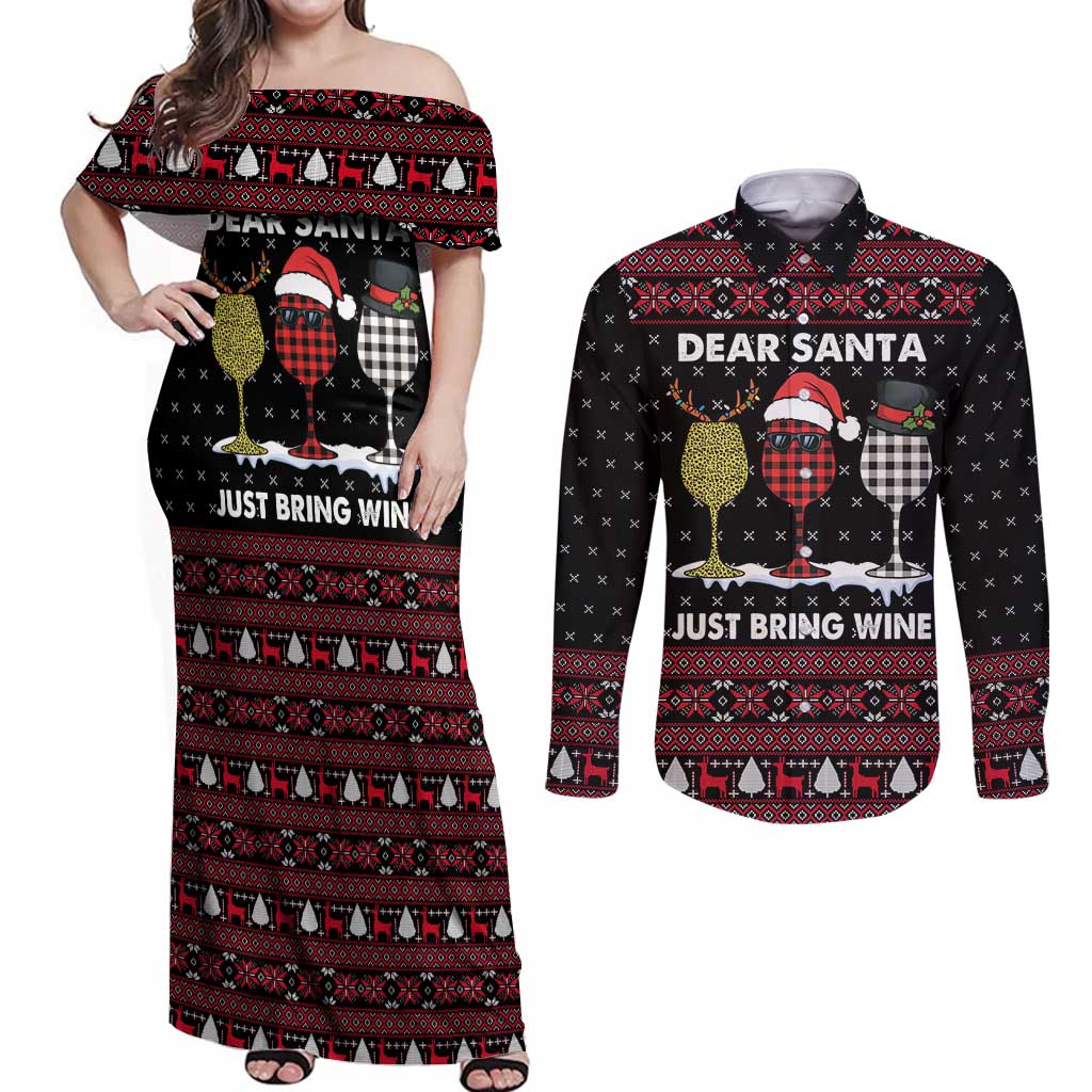 Santa Just Bring Wine Christmas Couples Matching Off Shoulder Maxi Dress and Long Sleeve Button Shirt Xmas Holiday Patterns - Wonder Print Shop