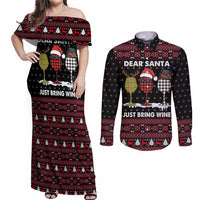 Santa Just Bring Wine Christmas Couples Matching Off Shoulder Maxi Dress and Long Sleeve Button Shirt Xmas Holiday Patterns - Wonder Print Shop