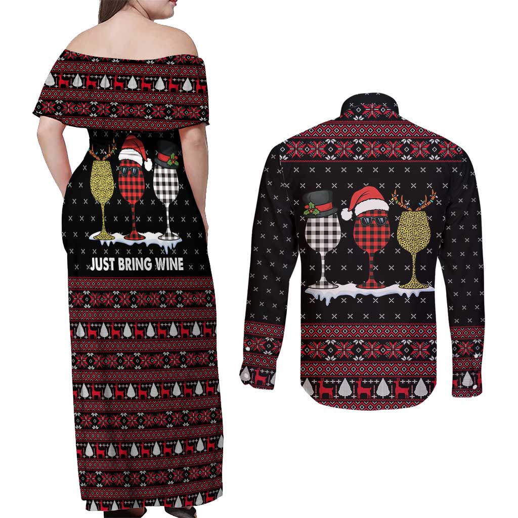 Santa Just Bring Wine Christmas Couples Matching Off Shoulder Maxi Dress and Long Sleeve Button Shirt Xmas Holiday Patterns - Wonder Print Shop