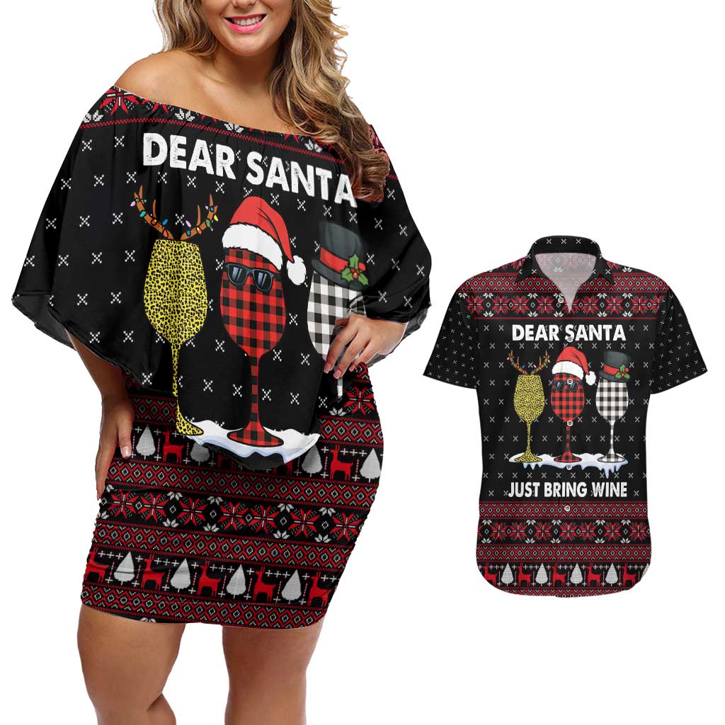 Santa Just Bring Wine Christmas Couples Matching Off Shoulder Short Dress and Hawaiian Shirt Xmas Holiday Patterns - Wonder Print Shop