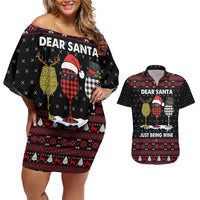 Santa Just Bring Wine Christmas Couples Matching Off Shoulder Short Dress and Hawaiian Shirt Xmas Holiday Patterns - Wonder Print Shop