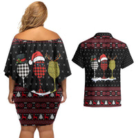 Santa Just Bring Wine Christmas Couples Matching Off Shoulder Short Dress and Hawaiian Shirt Xmas Holiday Patterns - Wonder Print Shop
