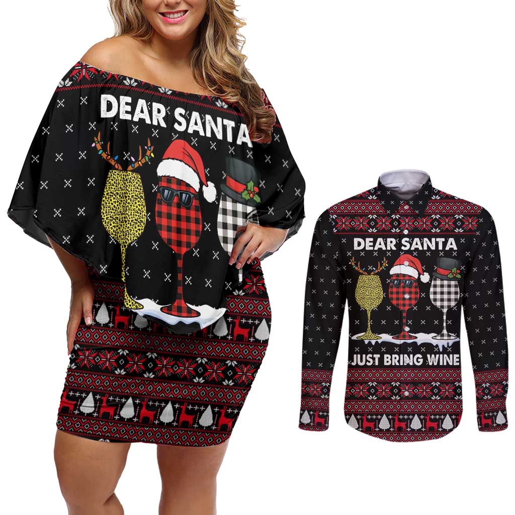 Santa Just Bring Wine Christmas Couples Matching Off Shoulder Short Dress and Long Sleeve Button Shirt Xmas Holiday Patterns - Wonder Print Shop