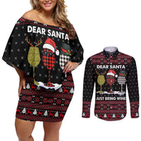 Santa Just Bring Wine Christmas Couples Matching Off Shoulder Short Dress and Long Sleeve Button Shirt Xmas Holiday Patterns - Wonder Print Shop