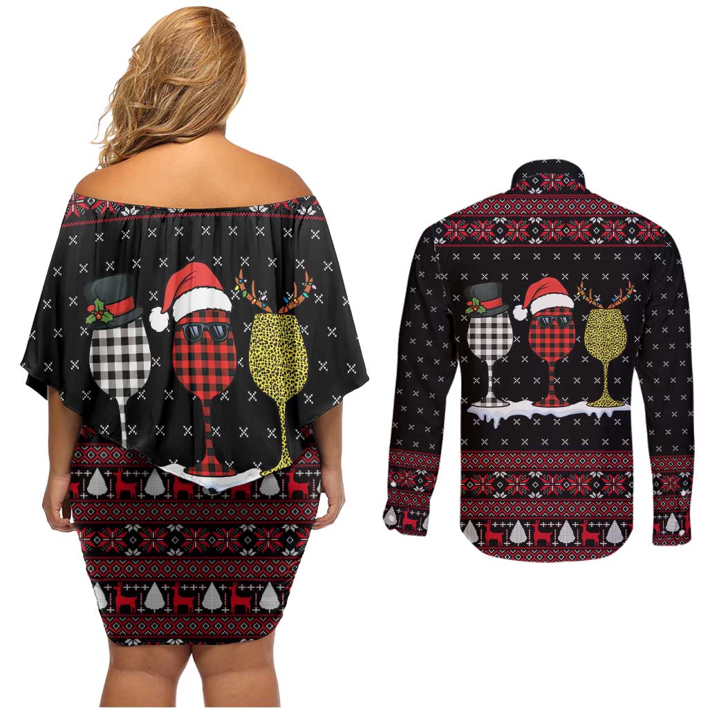 Santa Just Bring Wine Christmas Couples Matching Off Shoulder Short Dress and Long Sleeve Button Shirt Xmas Holiday Patterns - Wonder Print Shop