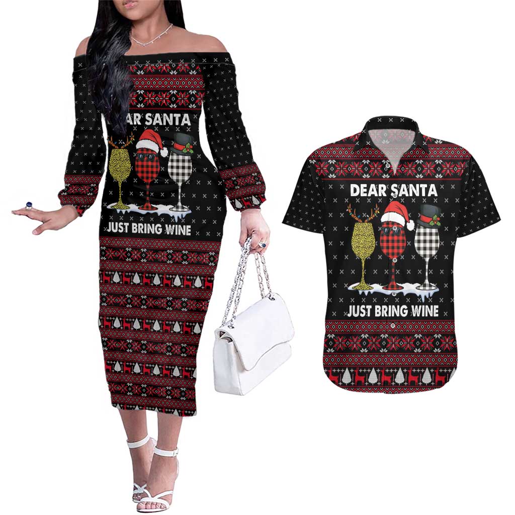 Santa Just Bring Wine Christmas Couples Matching Off The Shoulder Long Sleeve Dress and Hawaiian Shirt Xmas Holiday Patterns - Wonder Print Shop