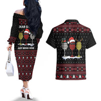 Santa Just Bring Wine Christmas Couples Matching Off The Shoulder Long Sleeve Dress and Hawaiian Shirt Xmas Holiday Patterns - Wonder Print Shop