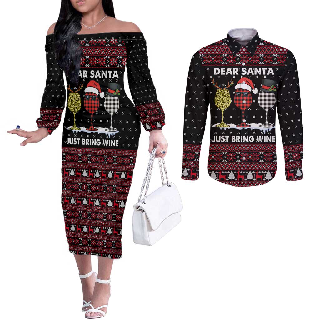 Santa Just Bring Wine Christmas Couples Matching Off The Shoulder Long Sleeve Dress and Long Sleeve Button Shirt Xmas Holiday Patterns - Wonder Print Shop