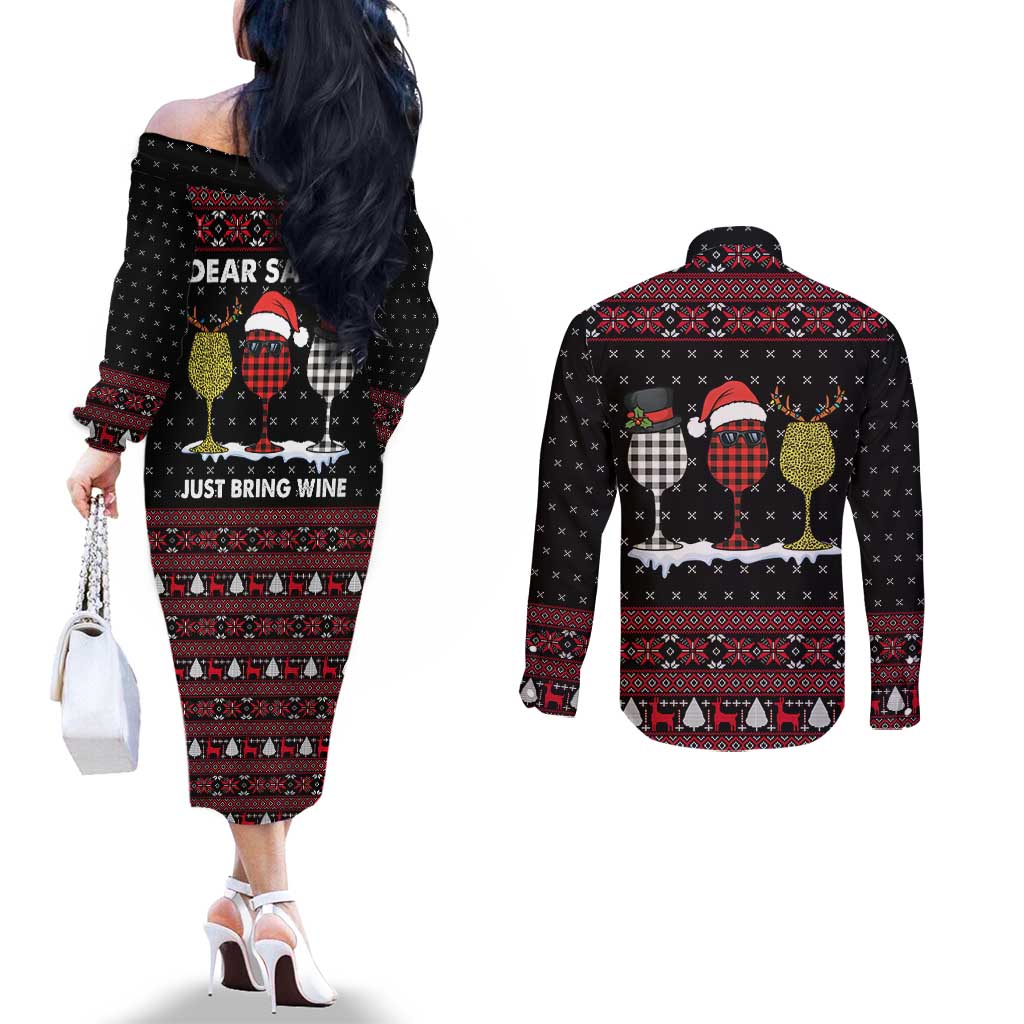 Santa Just Bring Wine Christmas Couples Matching Off The Shoulder Long Sleeve Dress and Long Sleeve Button Shirt Xmas Holiday Patterns - Wonder Print Shop