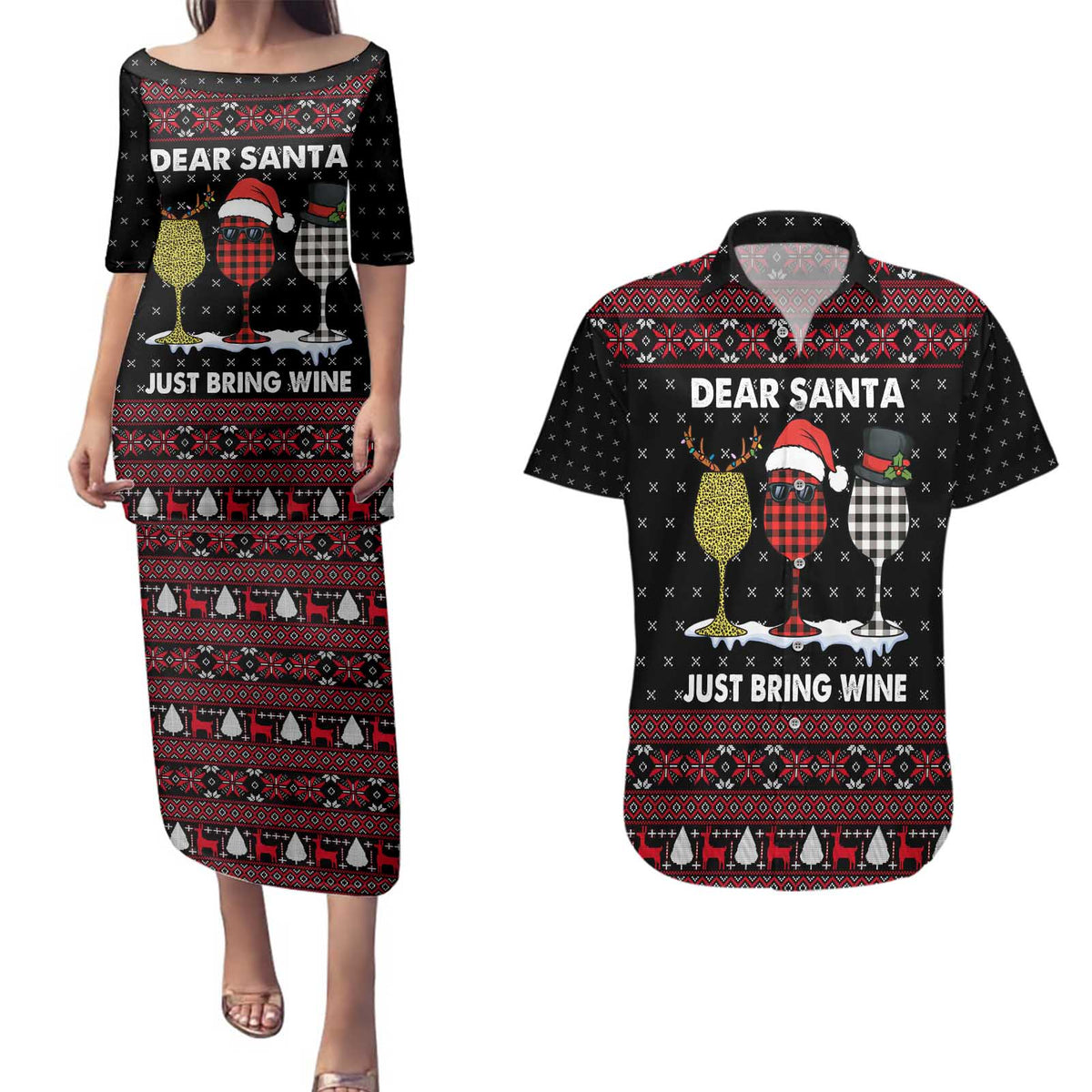 Santa Just Bring Wine Christmas Couples Matching Puletasi and Hawaiian Shirt Xmas Holiday Patterns - Wonder Print Shop
