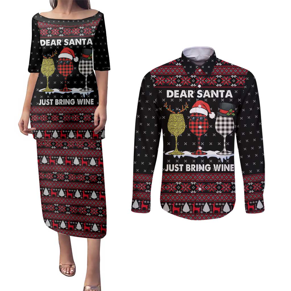 Santa Just Bring Wine Christmas Couples Matching Puletasi and Long Sleeve Button Shirt Xmas Holiday Patterns - Wonder Print Shop