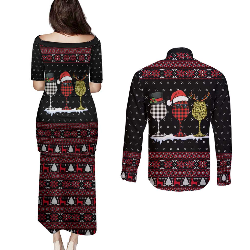 Santa Just Bring Wine Christmas Couples Matching Puletasi and Long Sleeve Button Shirt Xmas Holiday Patterns - Wonder Print Shop