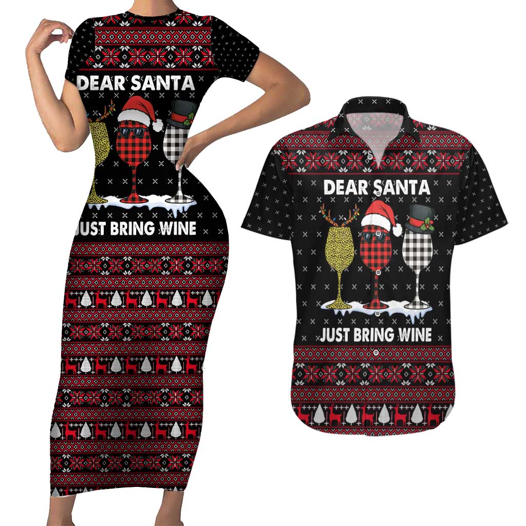 Santa Just Bring Wine Christmas Couples Matching Short Sleeve Bodycon Dress and Hawaiian Shirt Xmas Holiday Patterns - Wonder Print Shop