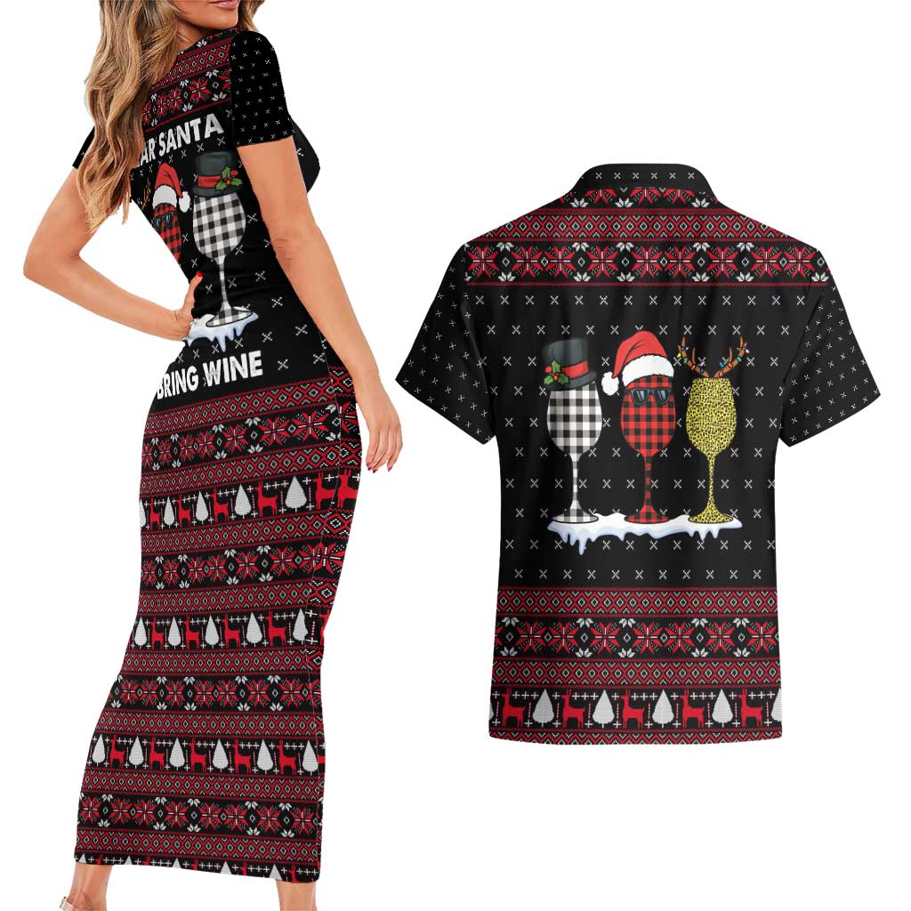 Santa Just Bring Wine Christmas Couples Matching Short Sleeve Bodycon Dress and Hawaiian Shirt Xmas Holiday Patterns - Wonder Print Shop