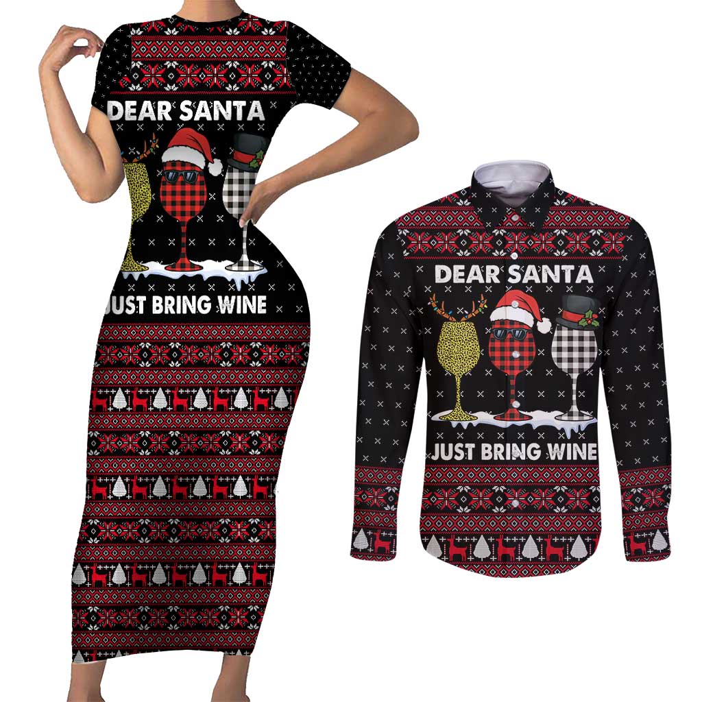 Santa Just Bring Wine Christmas Couples Matching Short Sleeve Bodycon Dress and Long Sleeve Button Shirt Xmas Holiday Patterns - Wonder Print Shop