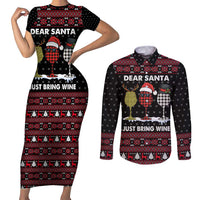 Santa Just Bring Wine Christmas Couples Matching Short Sleeve Bodycon Dress and Long Sleeve Button Shirt Xmas Holiday Patterns - Wonder Print Shop
