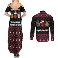 Santa Just Bring Wine Christmas Couples Matching Summer Maxi Dress and Long Sleeve Button Shirt Xmas Holiday Patterns - Wonder Print Shop