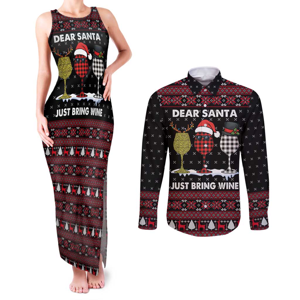 Santa Just Bring Wine Christmas Couples Matching Tank Maxi Dress and Long Sleeve Button Shirt Xmas Holiday Patterns - Wonder Print Shop