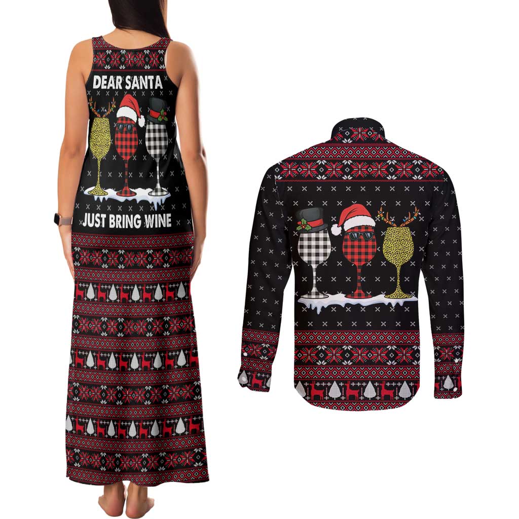 Santa Just Bring Wine Christmas Couples Matching Tank Maxi Dress and Long Sleeve Button Shirt Xmas Holiday Patterns - Wonder Print Shop