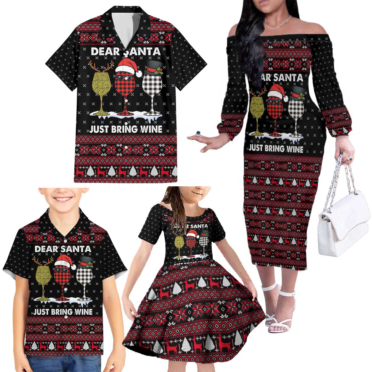 Santa Just Bring Wine Christmas Family Matching Off The Shoulder Long Sleeve Dress and Hawaiian Shirt Xmas Holiday Patterns - Wonder Print Shop