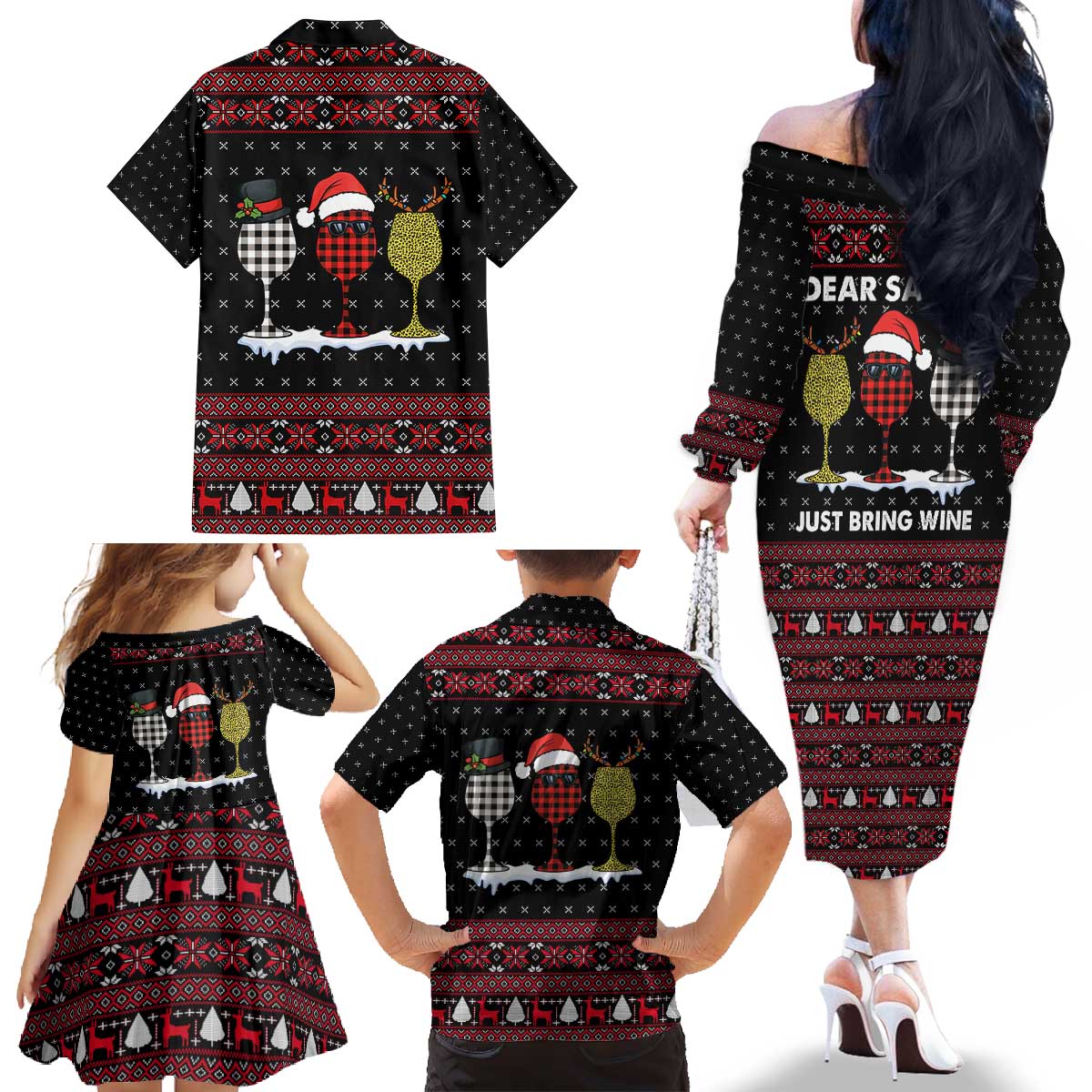 Santa Just Bring Wine Christmas Family Matching Off The Shoulder Long Sleeve Dress and Hawaiian Shirt Xmas Holiday Patterns - Wonder Print Shop