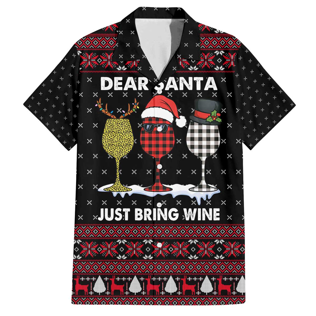 Santa Just Bring Wine Christmas Family Matching Off The Shoulder Long Sleeve Dress and Hawaiian Shirt Xmas Holiday Patterns - Wonder Print Shop