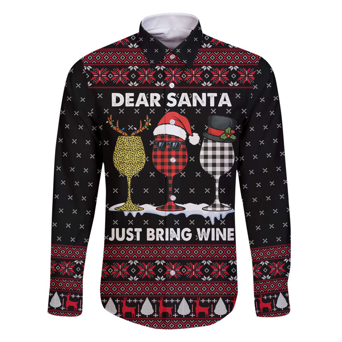 Santa Just Bring Wine Christmas Family Matching Off The Shoulder Long Sleeve Dress and Hawaiian Shirt Xmas Holiday Patterns - Wonder Print Shop