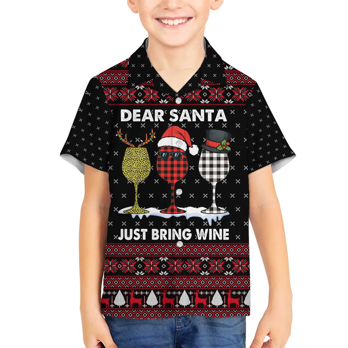 Santa Just Bring Wine Christmas Family Matching Off The Shoulder Long Sleeve Dress and Hawaiian Shirt Xmas Holiday Patterns - Wonder Print Shop