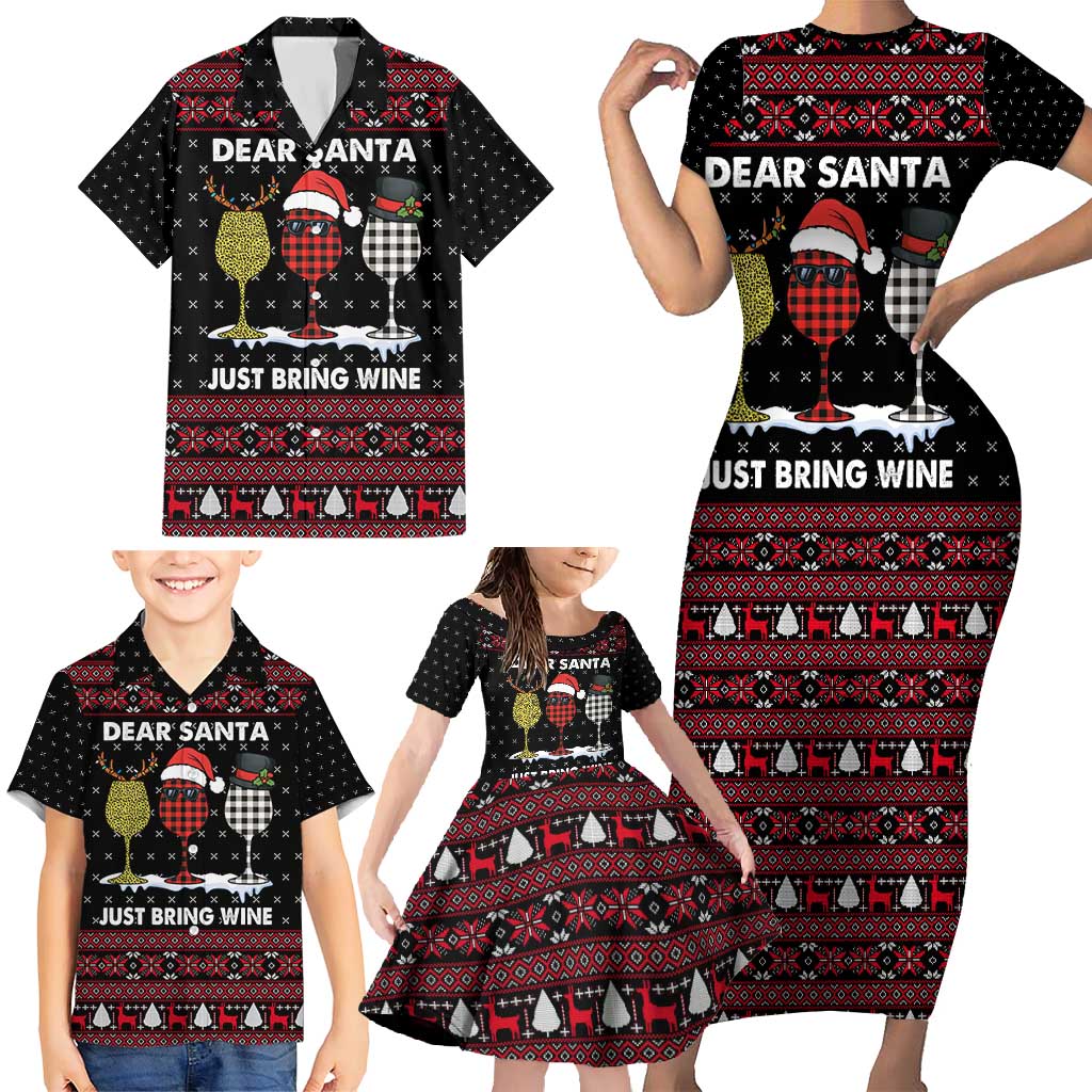 Santa Just Bring Wine Christmas Family Matching Short Sleeve Bodycon Dress and Hawaiian Shirt Xmas Holiday Patterns - Wonder Print Shop