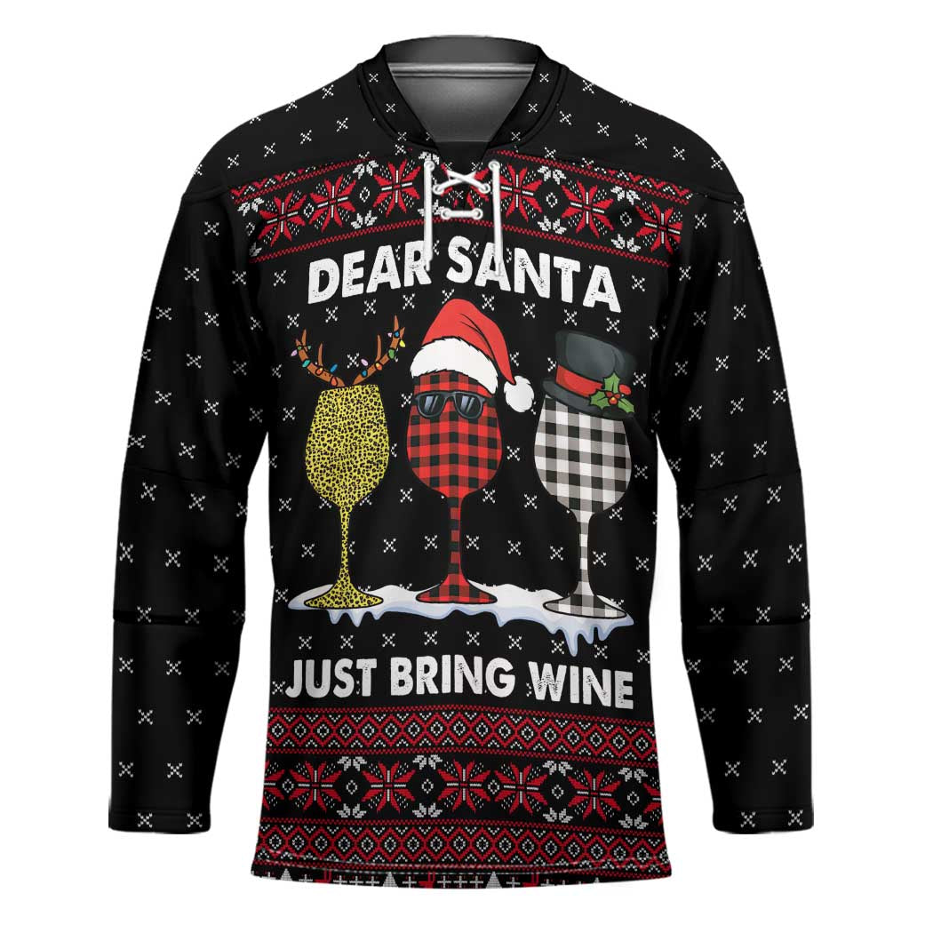 Santa Just Bring Wine Christmas Hockey Jersey Xmas Holiday Patterns - Wonder Print Shop