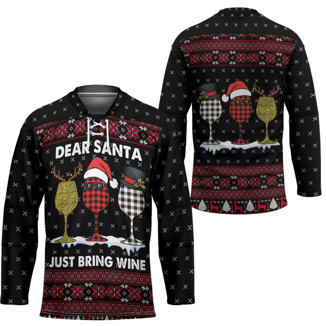 Santa Just Bring Wine Christmas Hockey Jersey Xmas Holiday Patterns - Wonder Print Shop