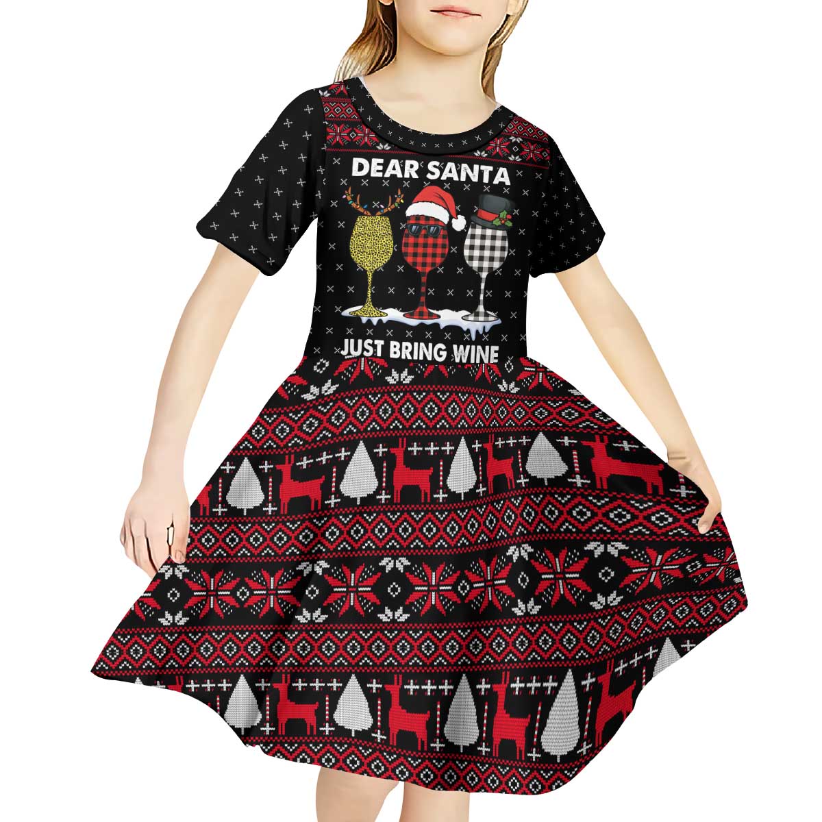 Santa Just Bring Wine Christmas Kid Short Sleeve Dress Xmas Holiday Patterns - Wonder Print Shop