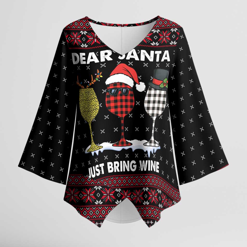 Santa Just Bring Wine Christmas Kimono Sleeve Blouse Xmas Holiday Patterns - Wonder Print Shop