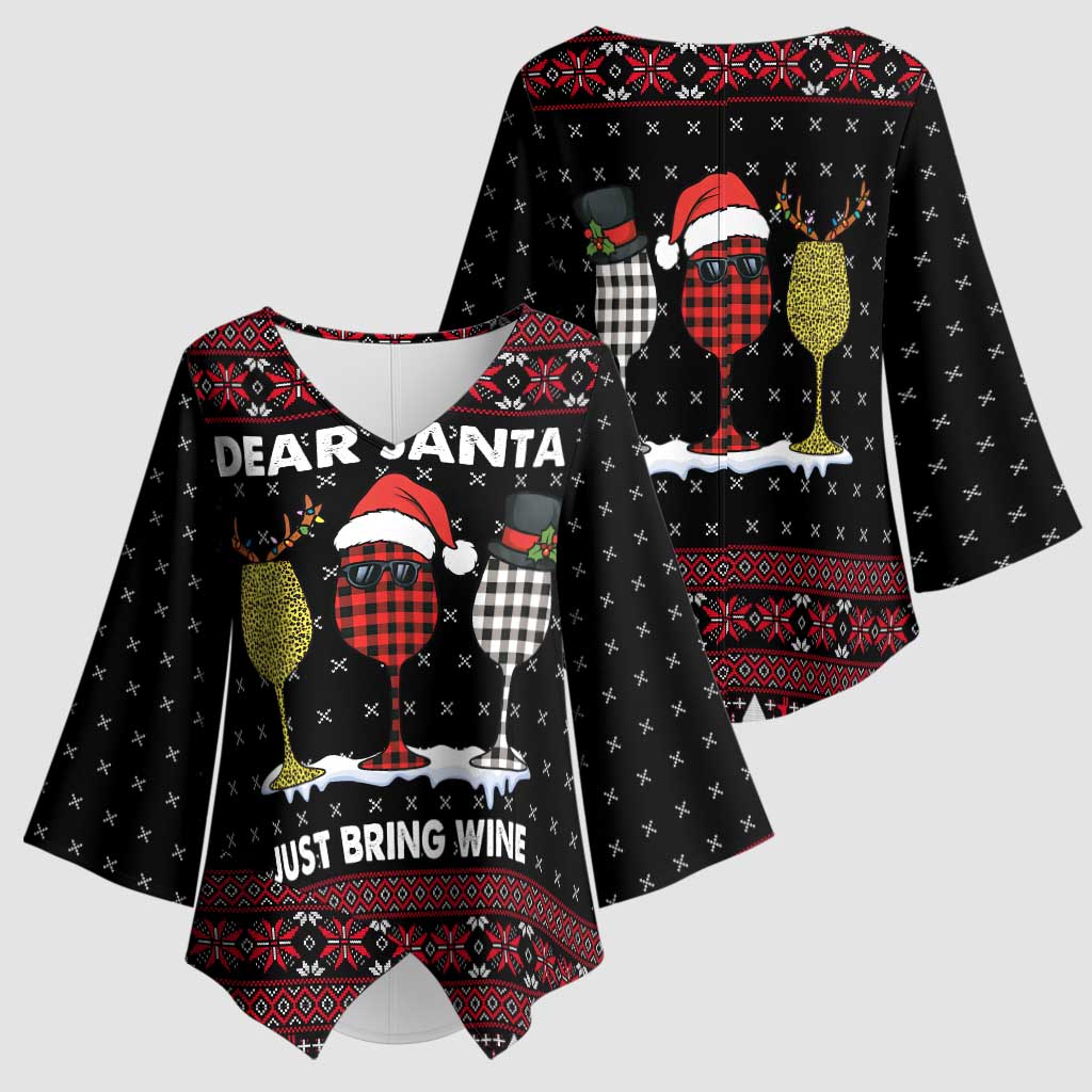 Santa Just Bring Wine Christmas Kimono Sleeve Blouse Xmas Holiday Patterns - Wonder Print Shop
