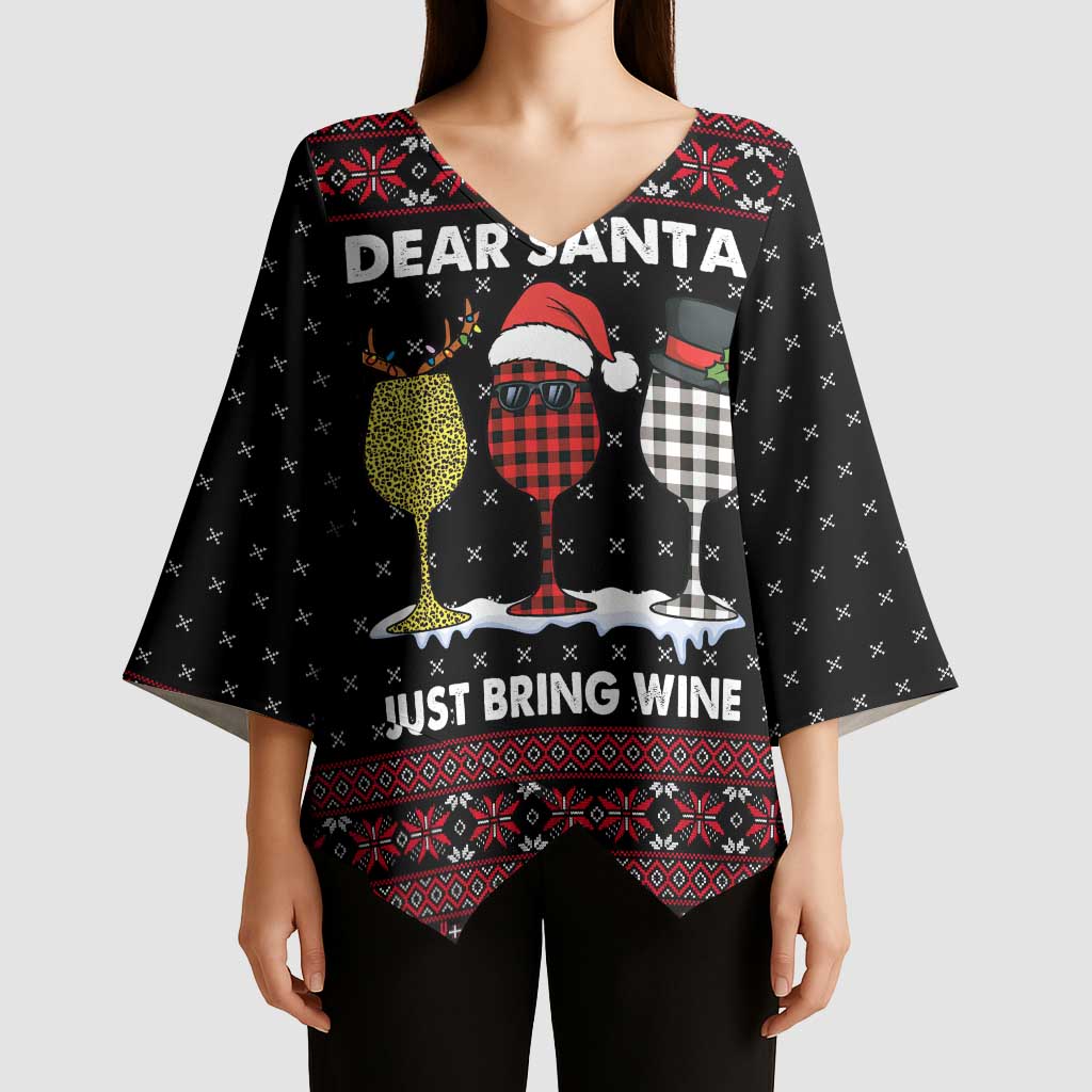 Santa Just Bring Wine Christmas Kimono Sleeve Blouse Xmas Holiday Patterns - Wonder Print Shop
